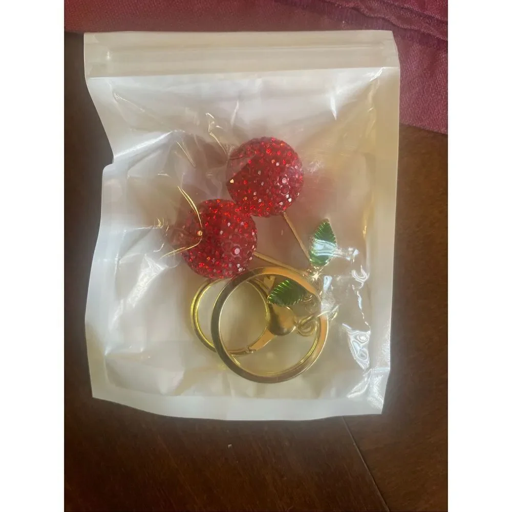 Red Cherry Rhinestone Keychain Sparkle Pendant Bag Charm Cute Accessory
